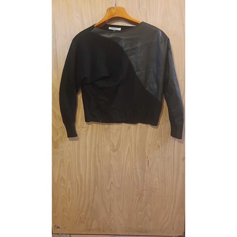 Siani Milano Black Mixed Media Faux Leather Asymmetric Knit Sweater Top Size M